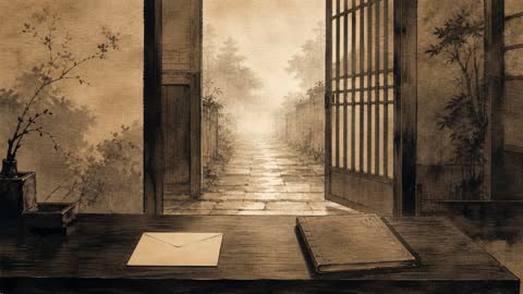 水墨で描かれた、開いた門へ続く石畳と、机に置かれた封書