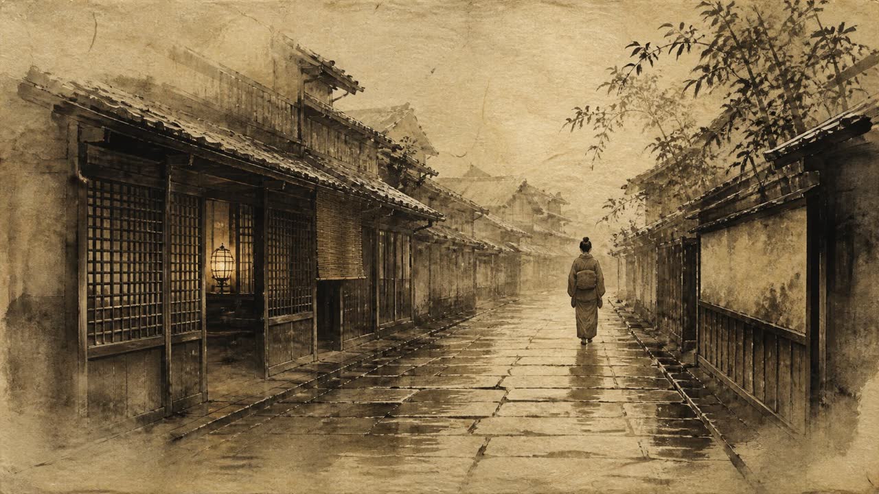 水墨で描かれた、雨上がりの京都の石畳を奥へ歩く後ろ姿