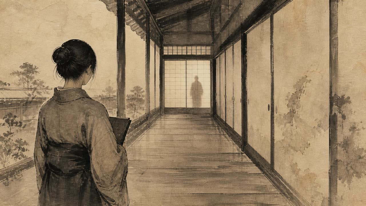 水墨で描かれた、古い屋敷の廊下で帳面を抱えて控える後ろ姿
