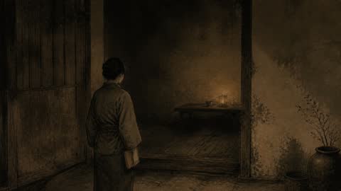 水墨で描かれた、灯りのともる奥の間の入口に立つ後ろ姿