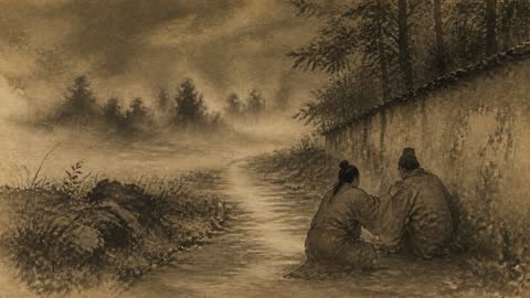 水墨で描かれた、古い土塀のそばで寄り添って座る二人の後ろ姿