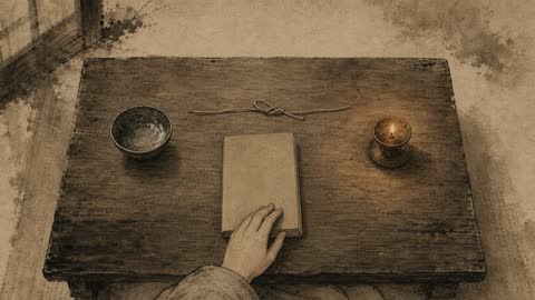 水墨で描かれた、卓の上に一本の結んだ糸と灯、帳面に置かれた手