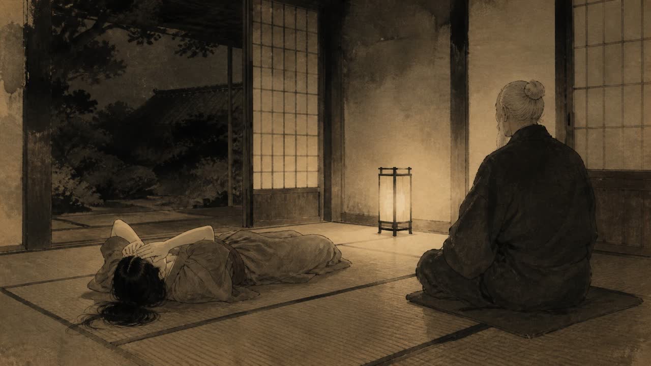 水墨で描かれた、祖父が見守る中で両目を手のひらで覆う姿