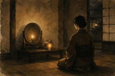 水墨で描かれた、灯りの映る鏡の前に静かに座る後ろ姿