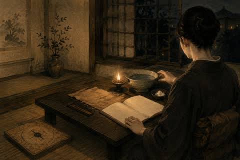 水墨で描かれた、灯りのもとで帳面を開く後ろ姿